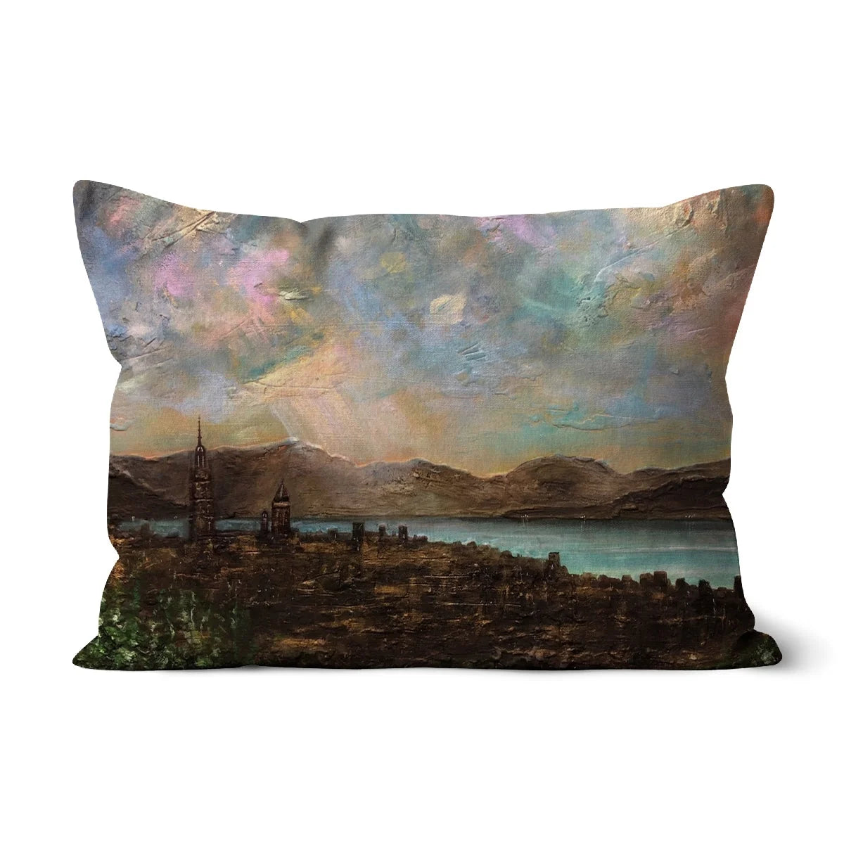 Angels Fingers Over Greenock Cushion - River Clyde Art Gallery Scotland Worldwide Shipping Rectangular Throw Pillow Scottish Prints