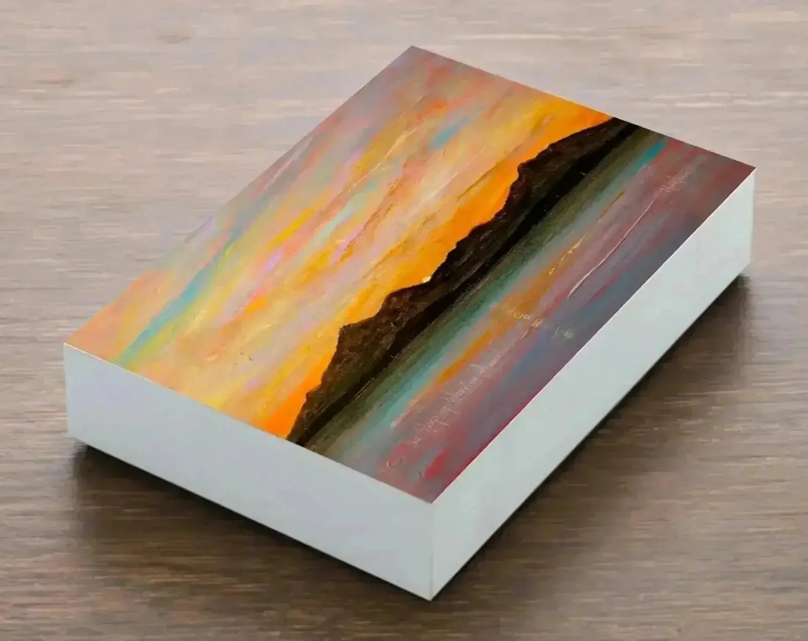 Arran Sunset Wooden Art by Scottish Artist Hunter - Gallery Scotland Worldwide Shipping Rectangular Block Wood Landscape Featuring Paintings