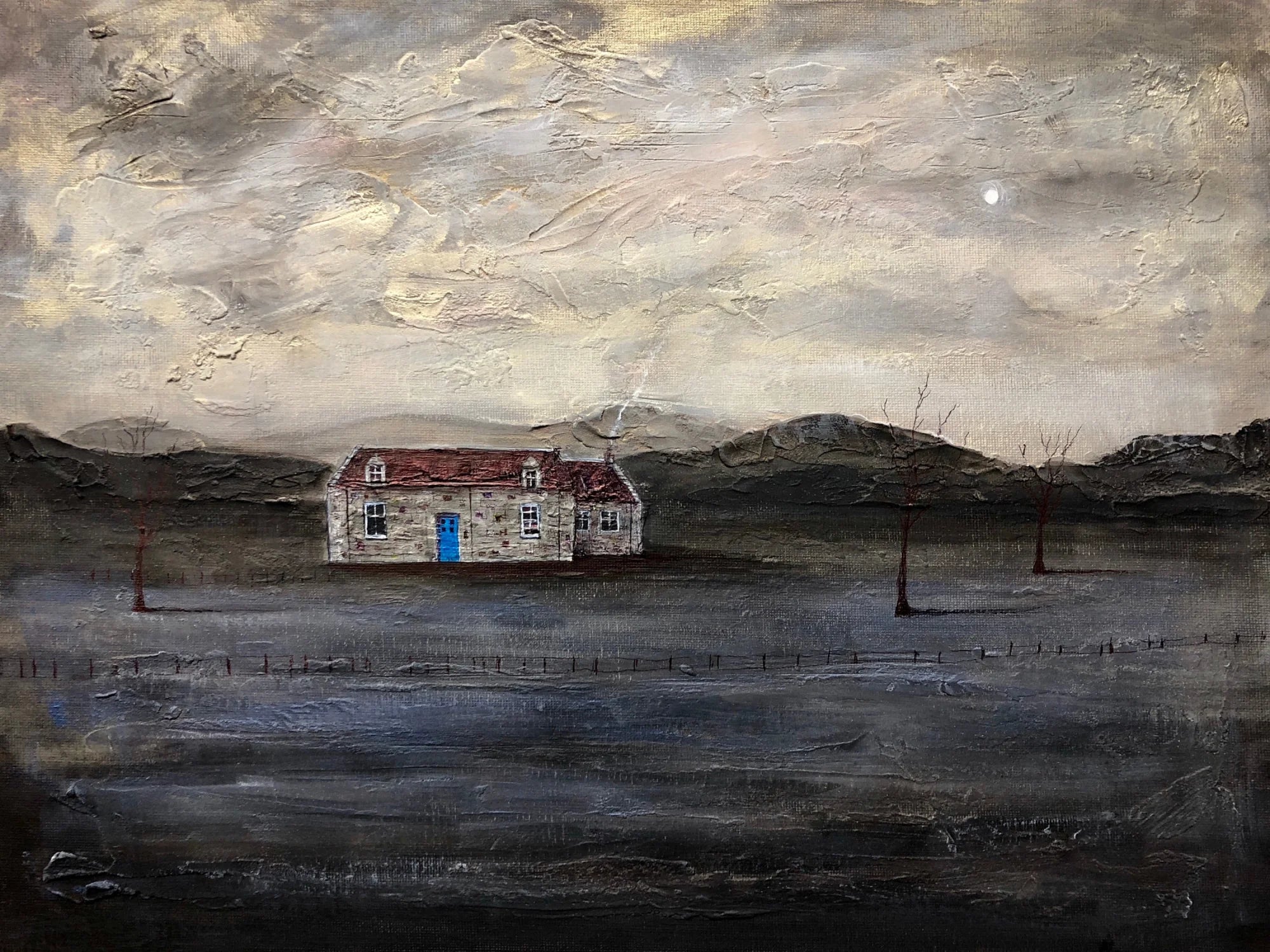 Blue Door Burn Altmore Cottage - Commission Scottish Artist Paintings Highlands & Lowlands Art Gallery Scotland Textured Landscape Painting