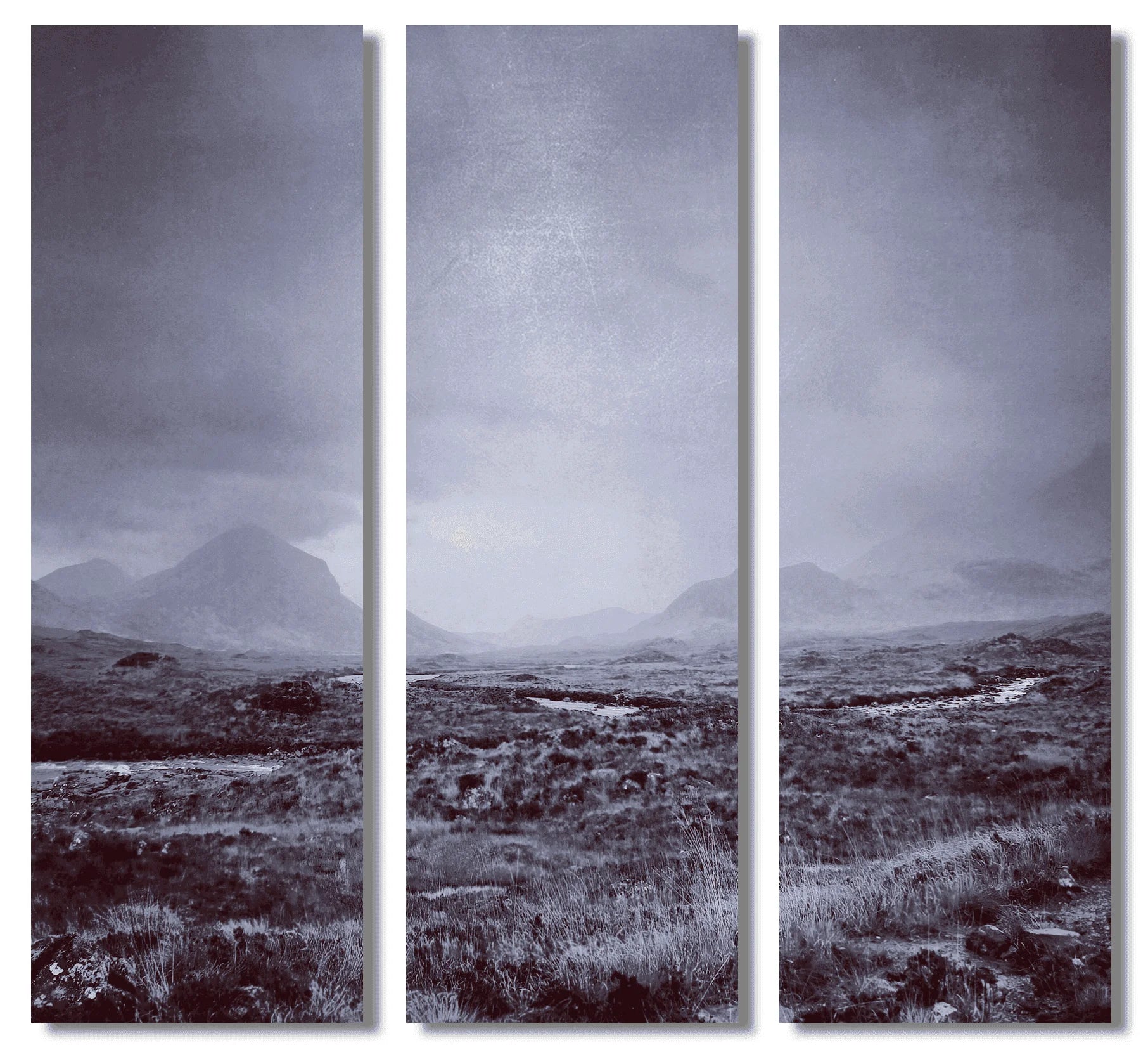 A Brooding Cuillin Skye Triptych | Statement Interior Wall Art from Scotland - Gallery Worldwide Shipping Triptych Misty Mountain Paintings