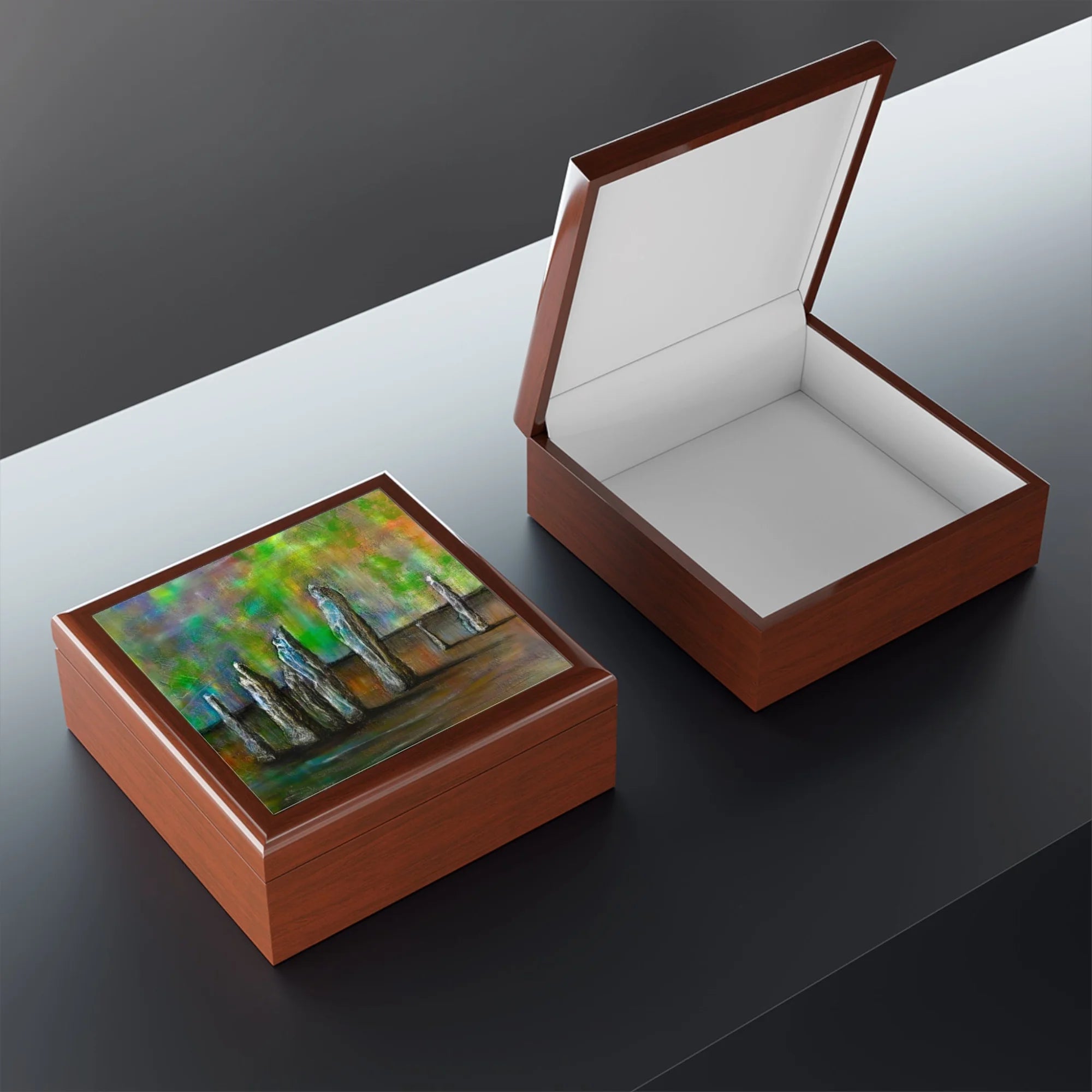 Callanish Northern Lights | Art Jewellery Box | Scotland - Hebridean Islands Gallery Worldwide Shipping Two Brown Wooden Hunter Scottish