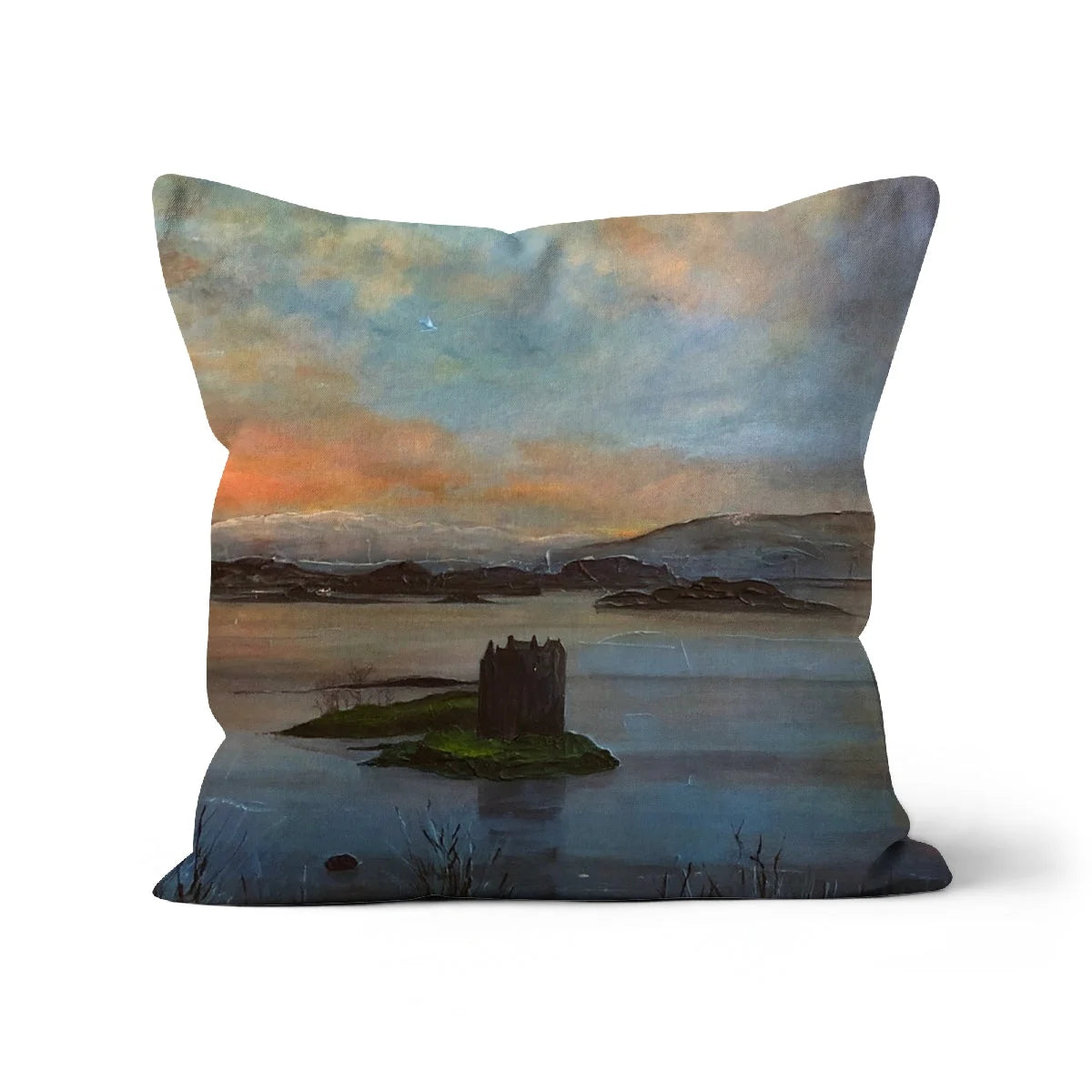 Castle Stalker Twilight Cushion - Historic & Iconic Art Gallery Scotland Worldwide Shipping Square Throw Pillow Scottish Castles Paintings