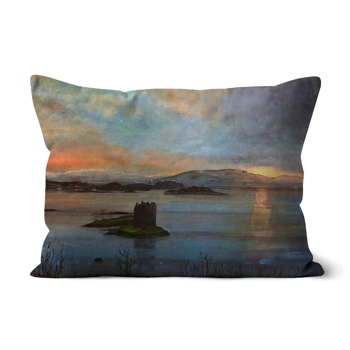 Castle Stalker Twilight Cushion - Historic & Iconic Art Gallery Scotland Worldwide Shipping Rectangular Throw Pillow Scottish Castles