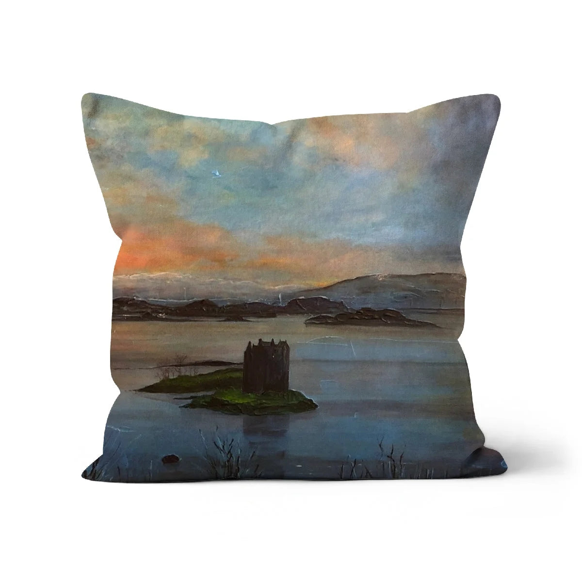 Castle Stalker Twilight Cushion - Historic & Iconic Art Gallery Scotland Worldwide Shipping Decorative Throw Pillow Scottish Castles
