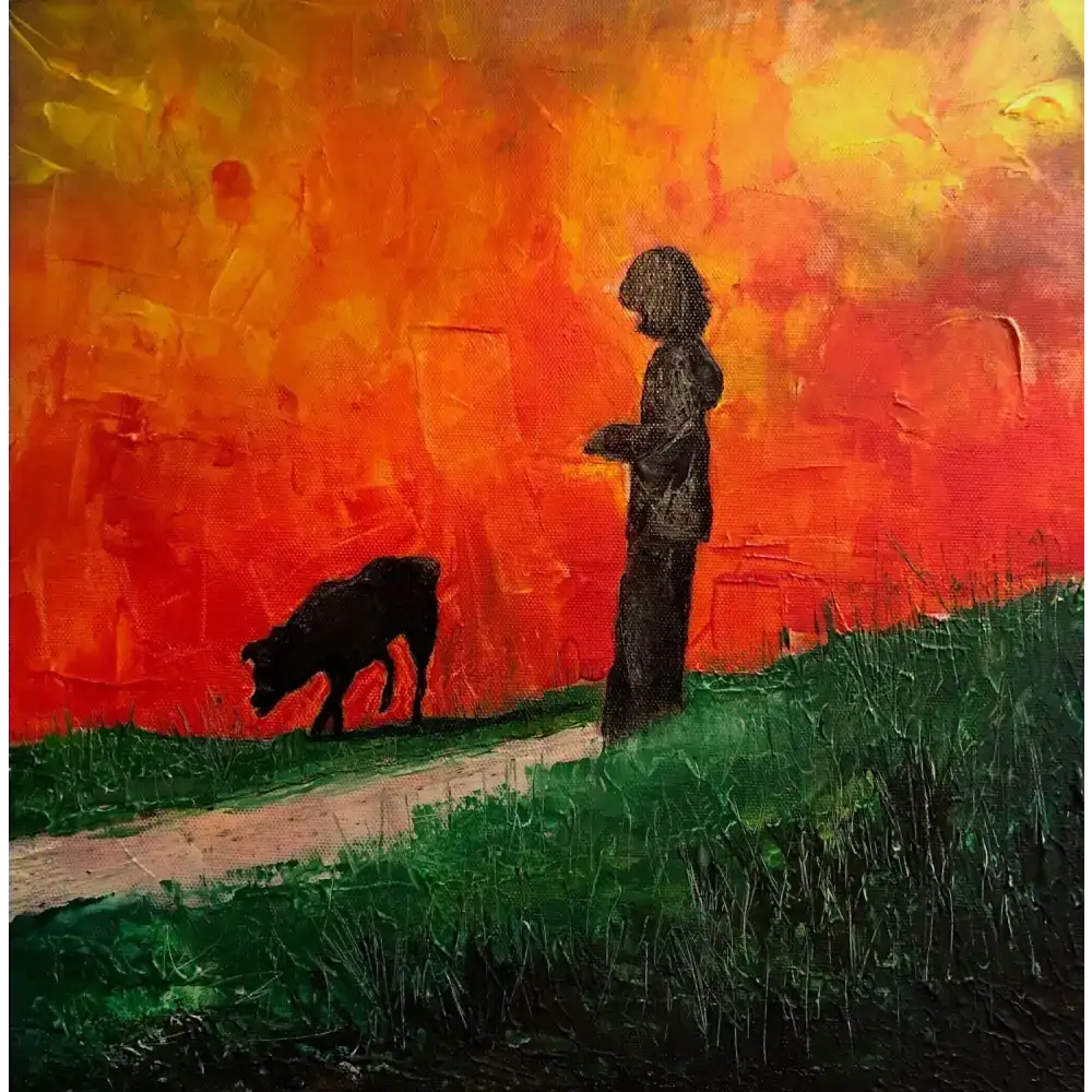 Impressionistic painting of a child and dog