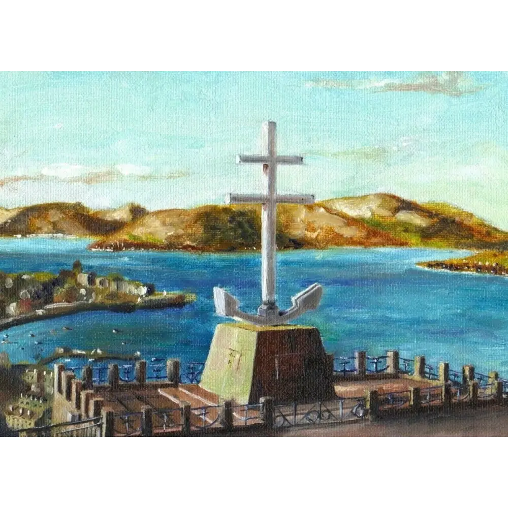 Anchor-topped cross monument showcasing Lorraine art prints from Scotland near the River Clyde