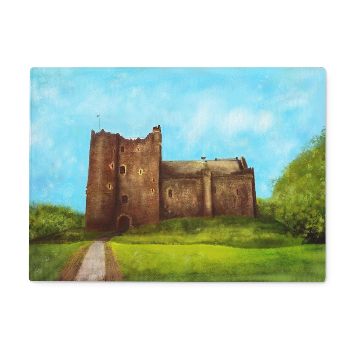 Doune Castle Glass Chopping Board - Historic & Iconic Art Gallery Scotland Worldwide Shipping Vibrant Oil Painting Scottish Castles