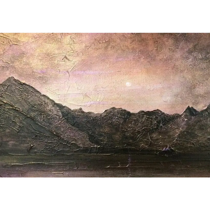 Textured mountain range painting from Dubh Ridge Moonlight Scottish artist showcasing moonlight Skye art
