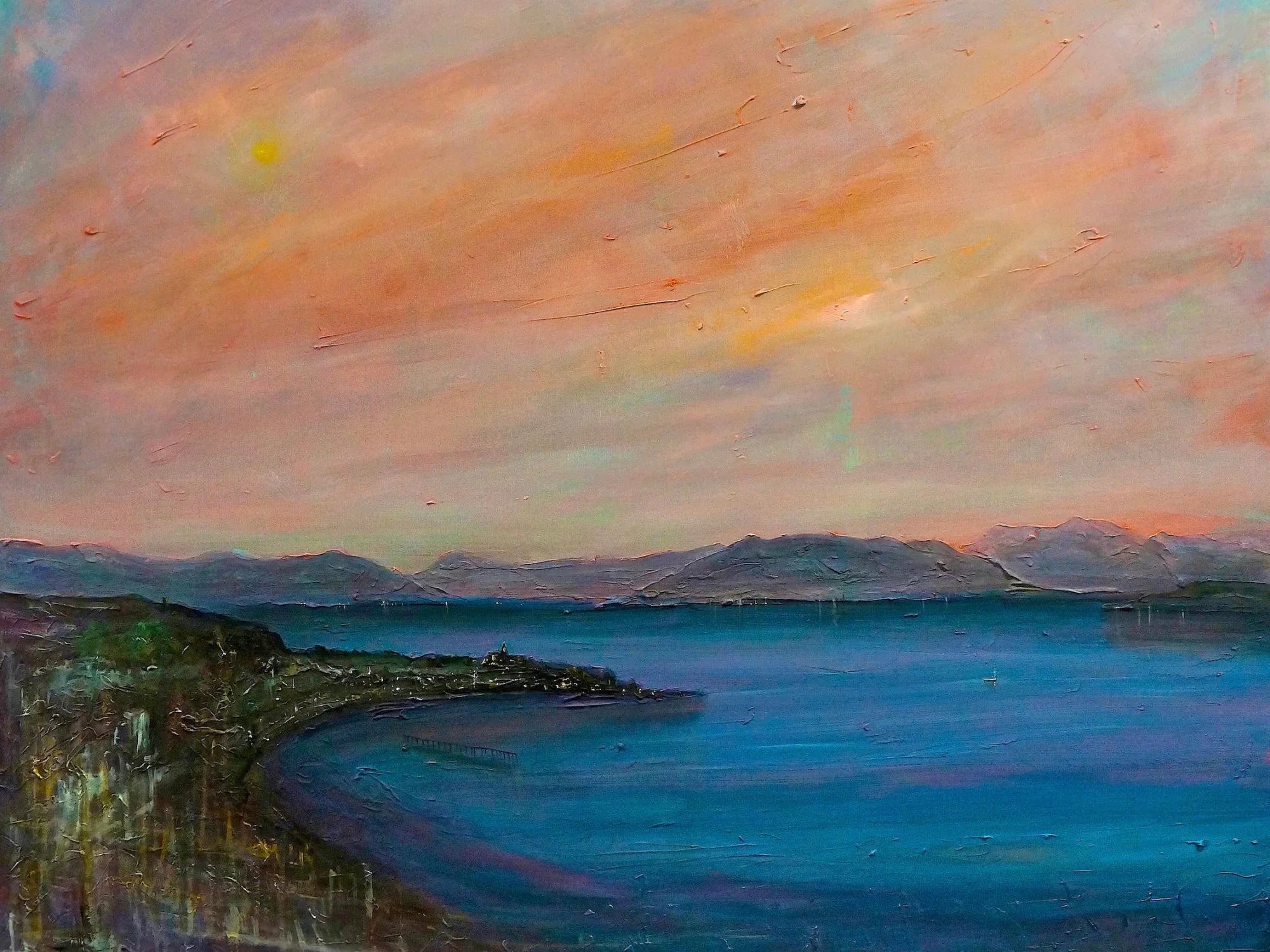Dusk Over Gourock Wooden Art Block - River Clyde Gallery Scotland Worldwide Shipping Vibrant Oil Painting Scottish Landscape Prints