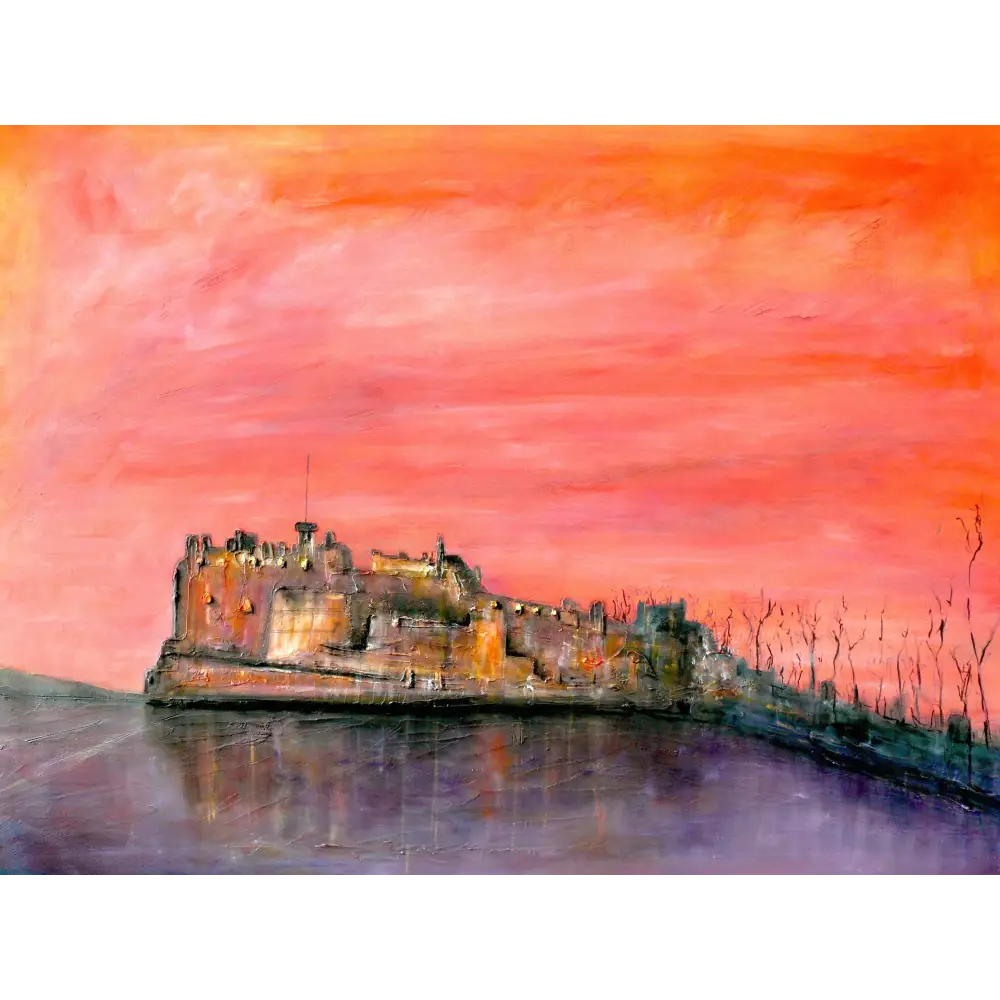 Painted Edinburgh Castle at dusk under a fiery sky for dusk art prints and castle dusk art prints