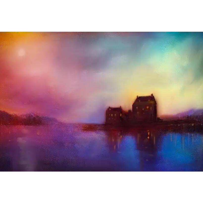 Colorful castle reflection in Eilean Donan Castle sunset art prints by Scottish artist