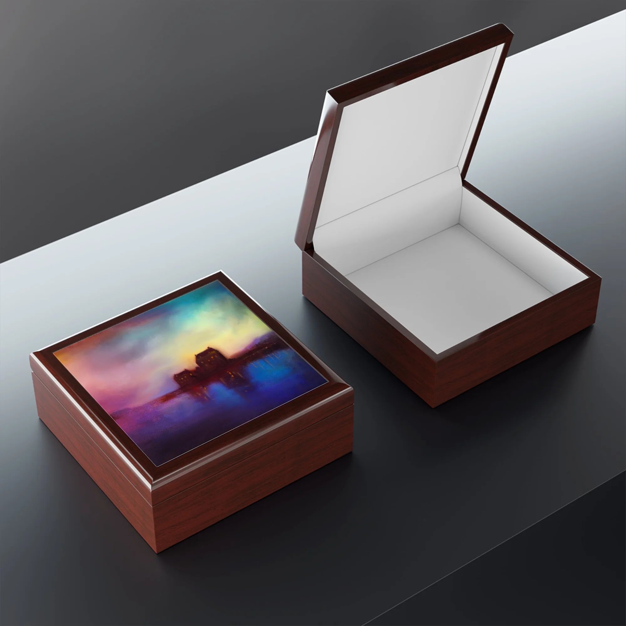 Eilean Donan Castle Sunset | Jewellery Box | Scotland - Historic & Iconic Art Gallery Worldwide Shipping Two Rectangular Wooden Scottish