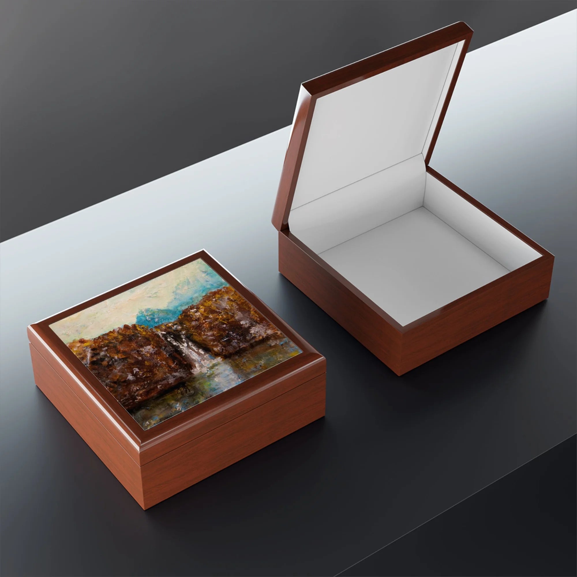 The Fairy Pools Skye | Jewellery Box | Scotland - Art Gallery Worldwide Shipping Two Rectangular Brown Paintings | Prints | Gifts