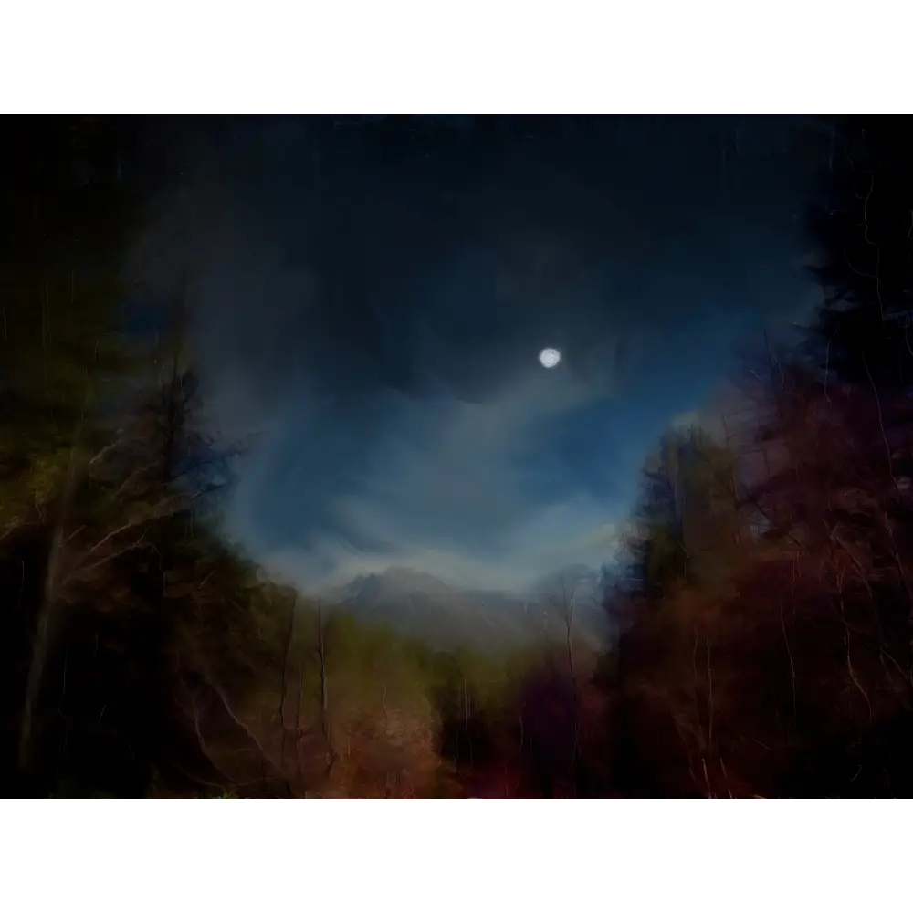 Moonlit forest landscape from Glencoe Lochan moonlight art prints by a Scottish artist