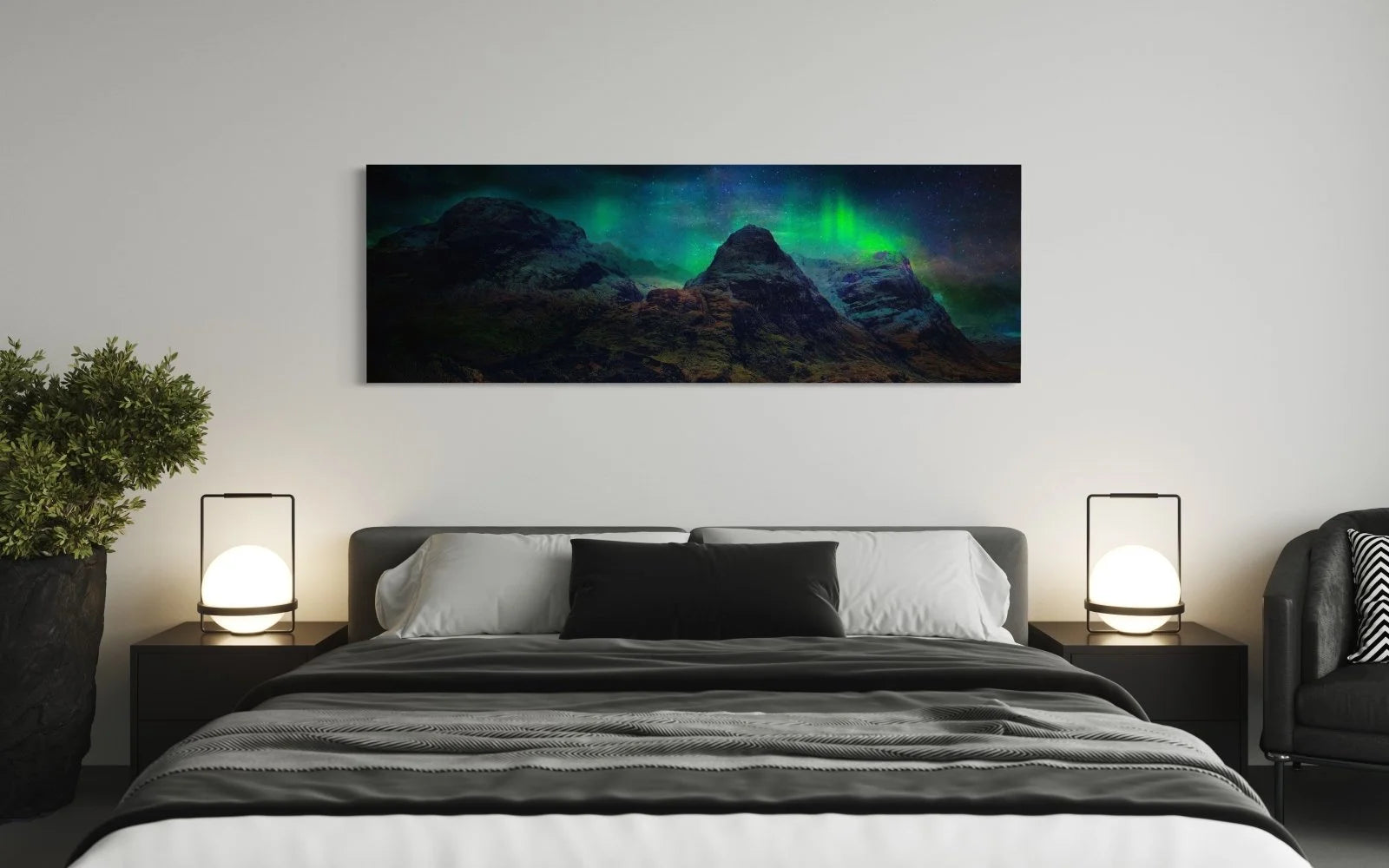 Glencoe Northern Lights | Statement Interior Wall Art from Scotland - Gallery Worldwide Shipping Cozy Bed Grey Paintings | Prints | Gifts