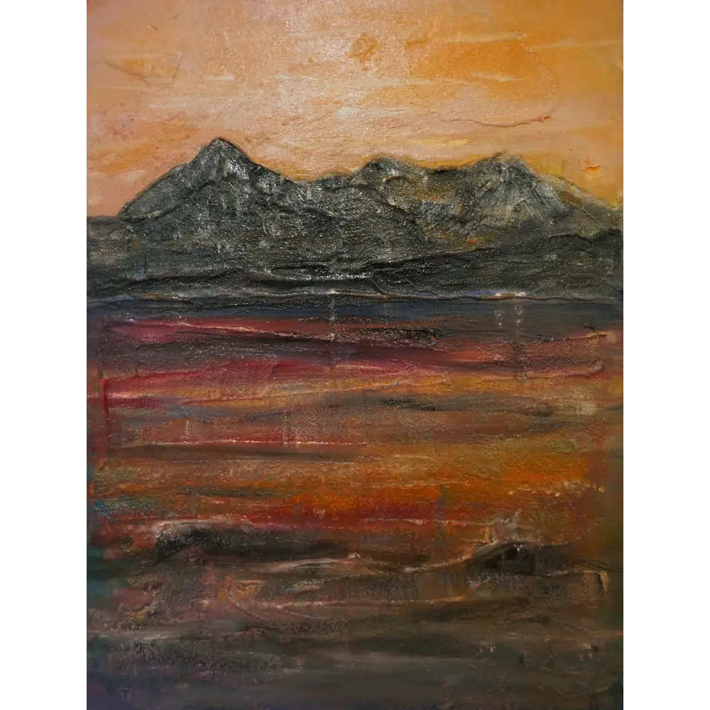 Textured mountain landscape painting of Loch Coruisk Dusk, perfect dusk art prints