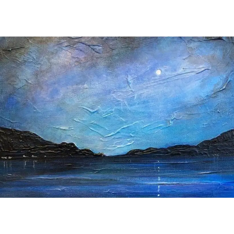 Textured blue landscape painting from Loch Ness Moonlight Ness Moonlight Art Prints by Scottish artist