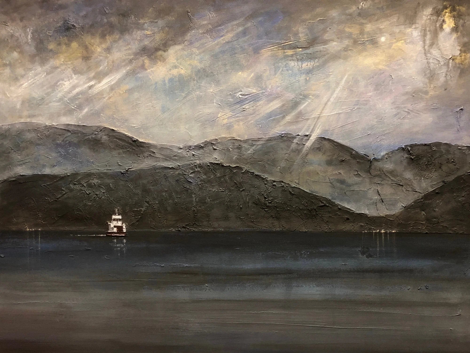 Lochranza Moonlit Ferry Original Painting - Scottish Artist Arran Art Gallery Scotland