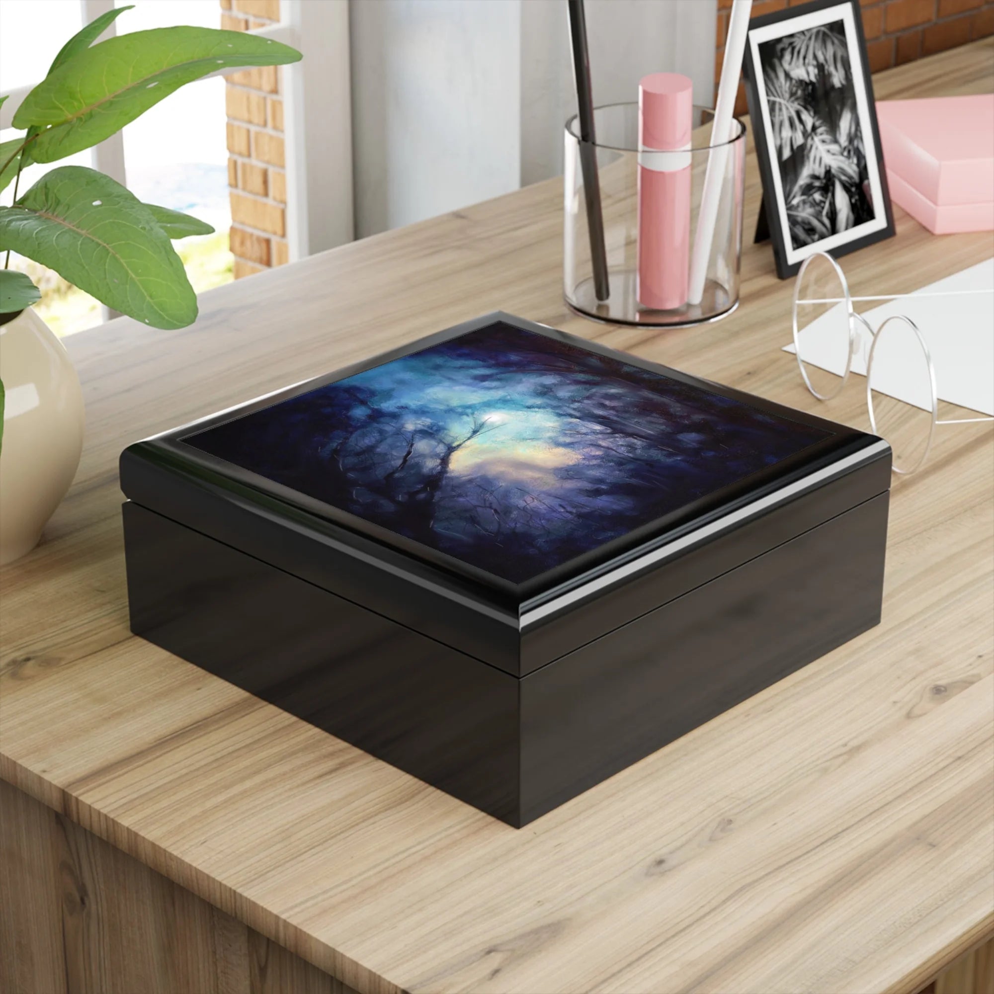 A Moonlit Highland Wood | Art Jewellery Box | Scotland - Highlands & Lowlands Gallery Worldwide Shipping Black Wooden Keepsake Scottish