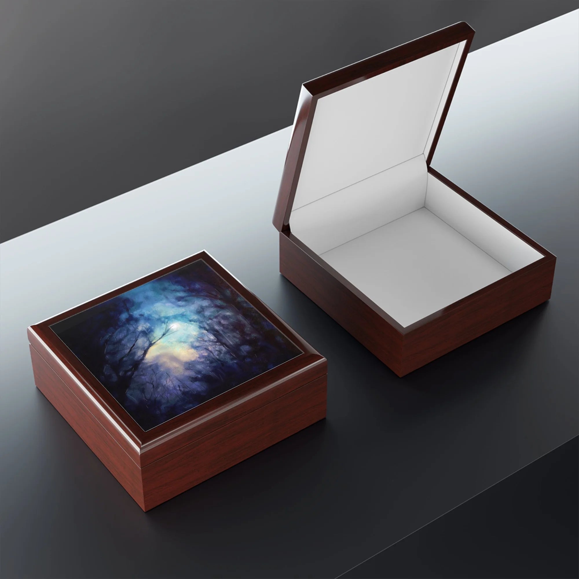 A Moonlit Highland Wood | Art Jewellery Box | Scotland - Highlands & Lowlands Gallery Worldwide Shipping Two Wooden Keepsake Scottish