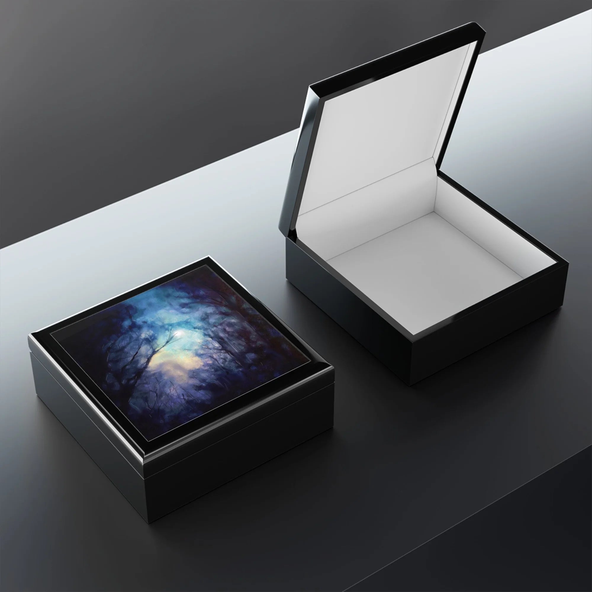 A Moonlit Highland Wood | Art Jewellery Box | Scotland - Highlands & Lowlands Gallery Worldwide Shipping Two Elegant Black Scottish