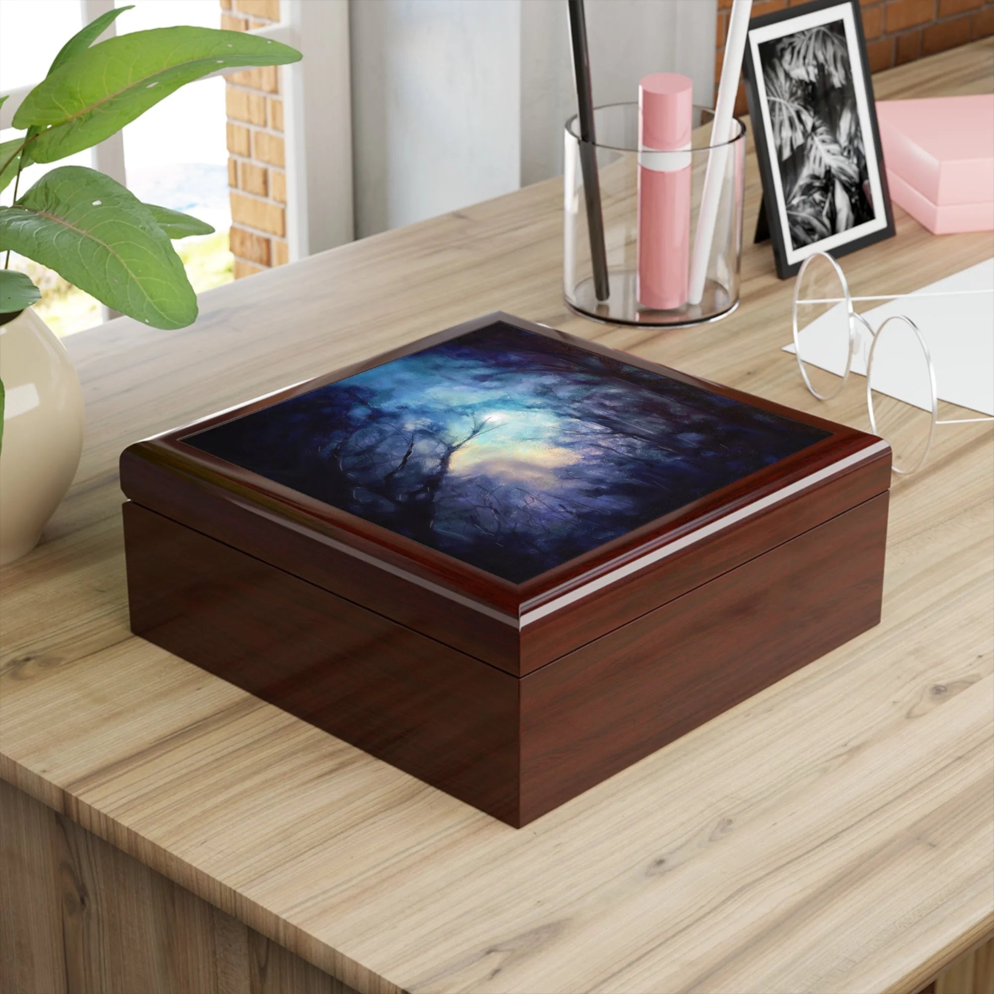 A Moonlit Highland Wood | Art Jewellery Box | Scotland - Highlands & Lowlands Gallery Worldwide Shipping Dark Brown Wooden Scottish