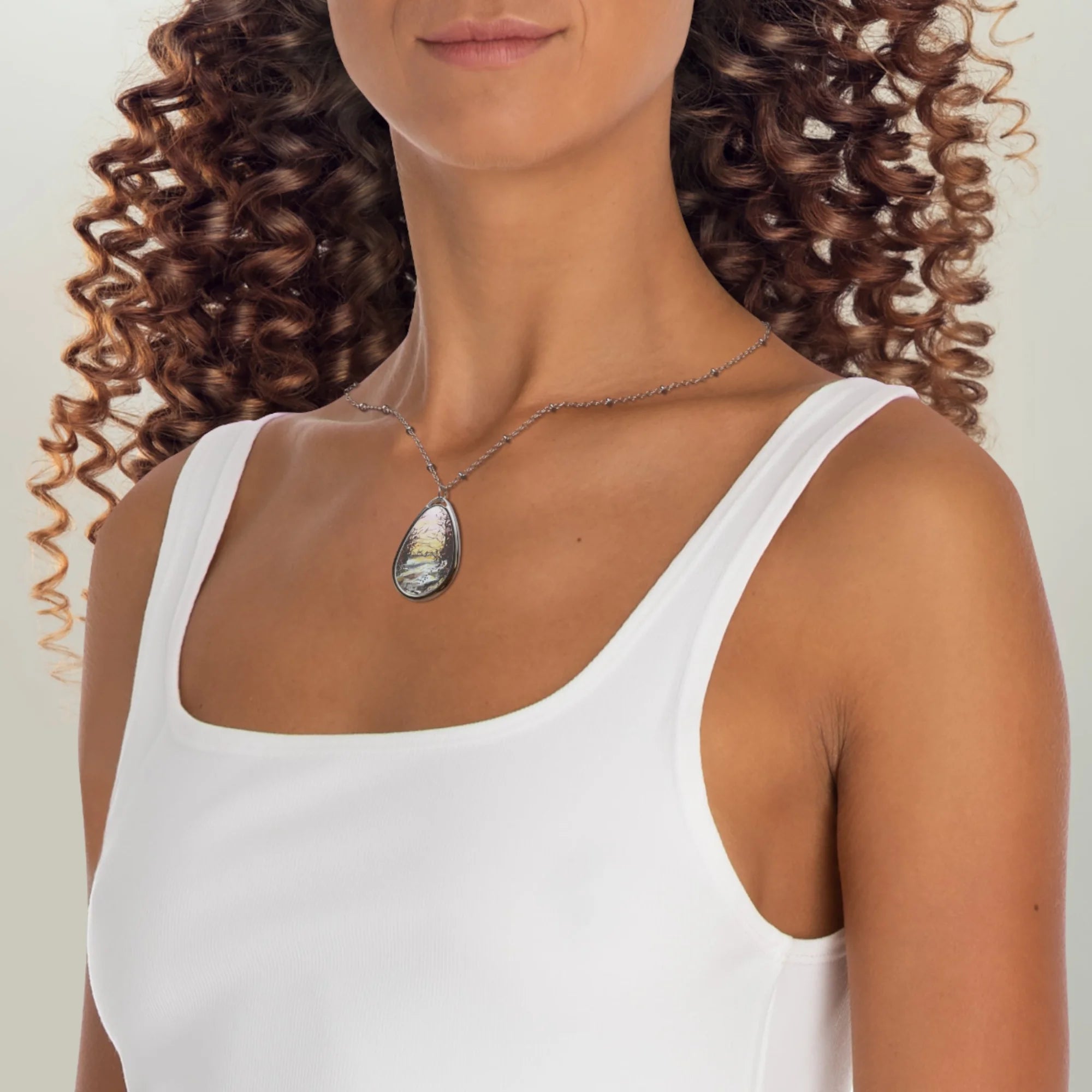 Snow Above Lunderston | Scottish Art Jewellery | Necklace - River Clyde Gallery Scotland Worldwide Shipping Woman’s Neck Chest Hunter