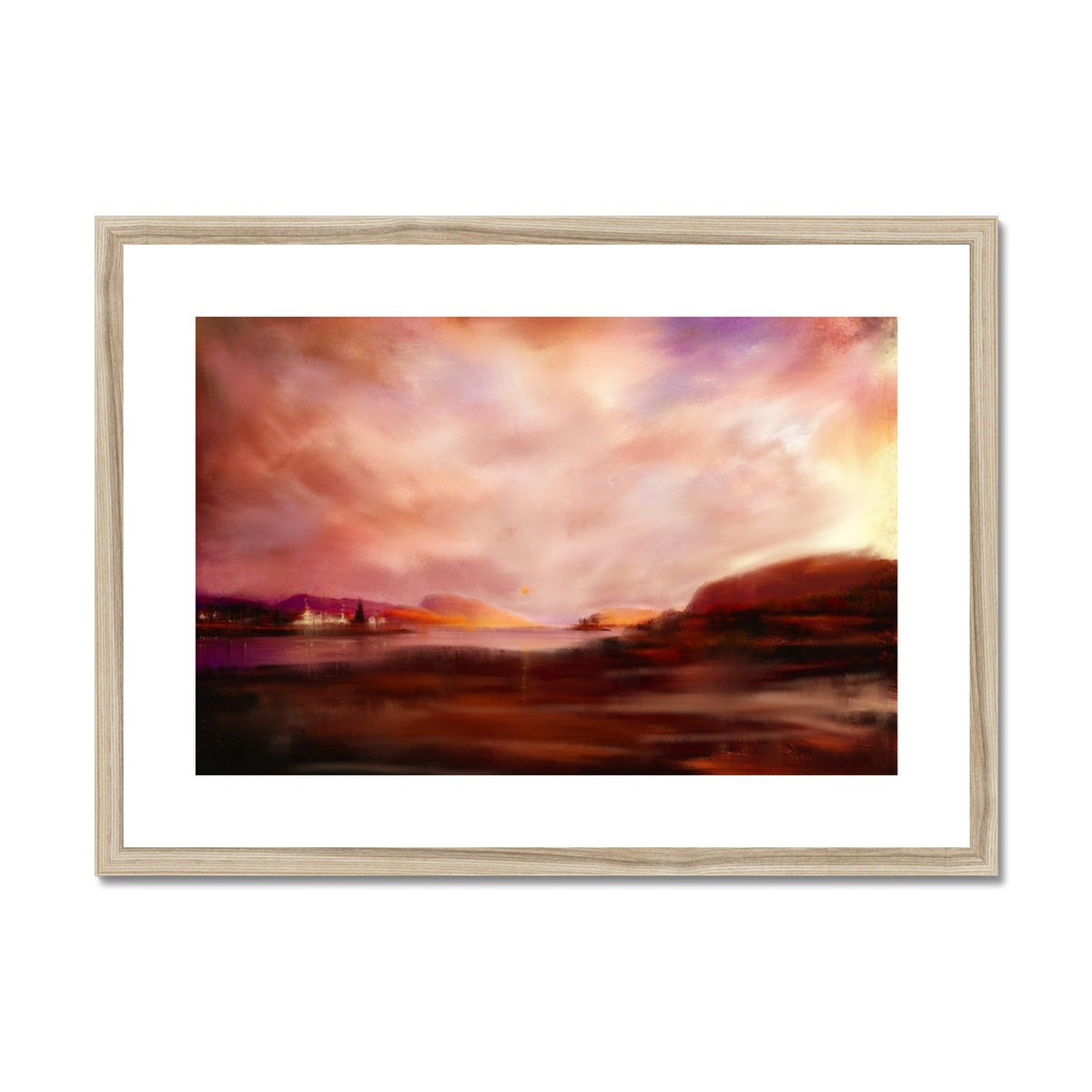 Plockton Sunset Painting | Framed & Mounted Prints From Scotland-Framed & Mounted Prints-Scottish Highlands & Lowlands Art Gallery-A2 Landscape-Natural Frame-Paintings, Prints, Homeware, Art Gifts From Scotland By Scottish Artist Kevin Hunter
