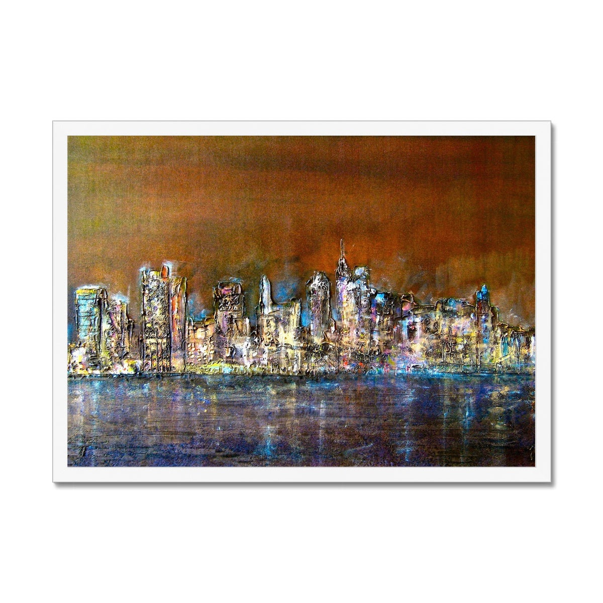 Manhattan Nights Painting | Framed Prints From Scotland-Framed Prints-World Art Gallery-A2 Landscape-White Frame-Paintings, Prints, Homeware, Art Gifts From Scotland By Scottish Artist Kevin Hunter