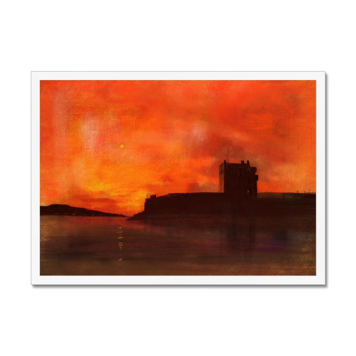 Broughty Castle Sunset Painting | Framed Prints From Scotland-Framed Prints-Historic & Iconic Scotland Art Gallery-A2 Landscape-White Frame-Paintings, Prints, Homeware, Art Gifts From Scotland By Scottish Artist Kevin Hunter