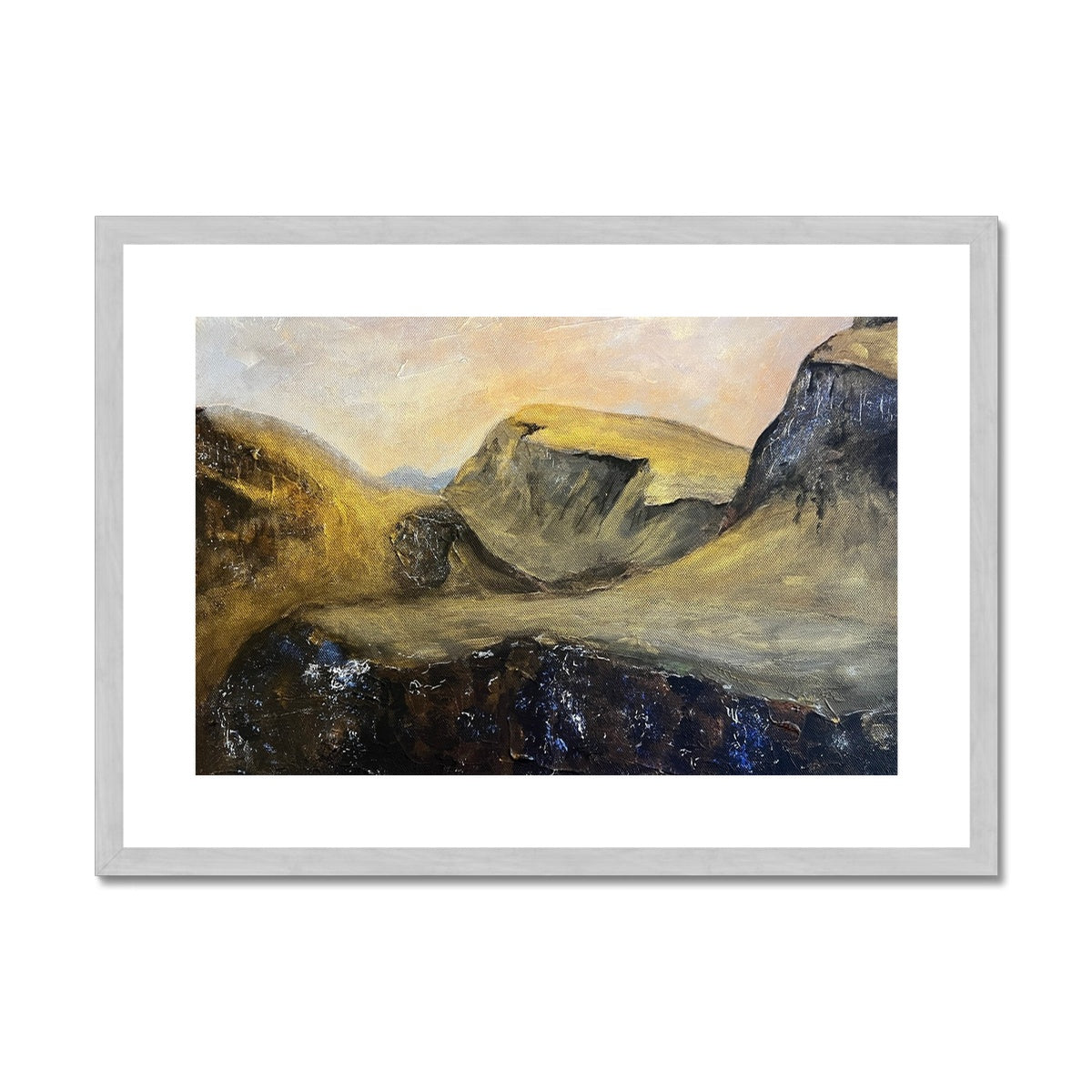 The Quiraing Skye Painting | Antique Framed & Mounted Prints From Scotland-Antique Framed & Mounted Prints-Skye Art Gallery-A2 Landscape-Silver Frame-Paintings, Prints, Homeware, Art Gifts From Scotland By Scottish Artist Kevin Hunter