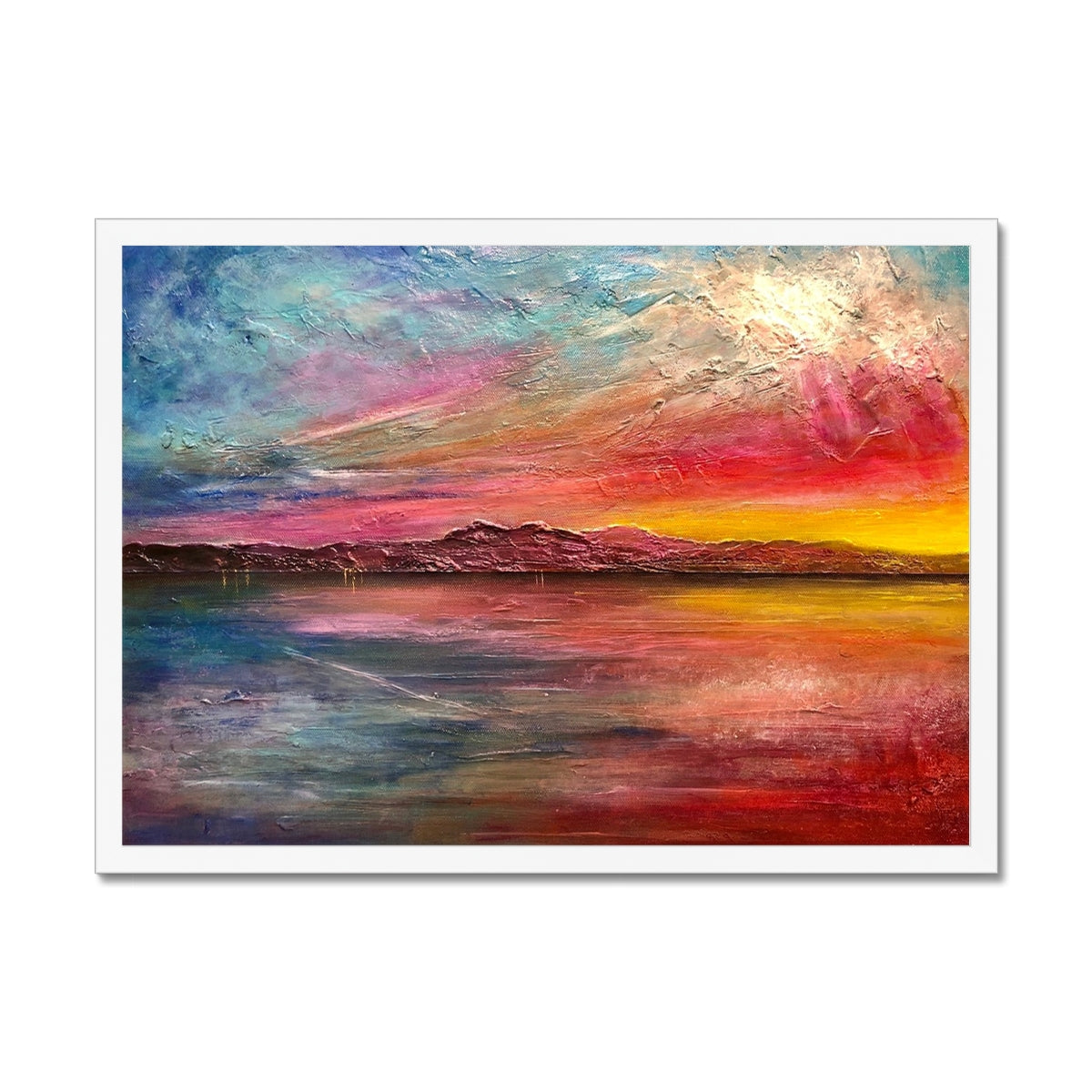 Arran Sunset ii Painting | Framed Prints From Scotland-Framed Prints-Arran Art Gallery-A2 Landscape-White Frame-Paintings, Prints, Homeware, Art Gifts From Scotland By Scottish Artist Kevin Hunter