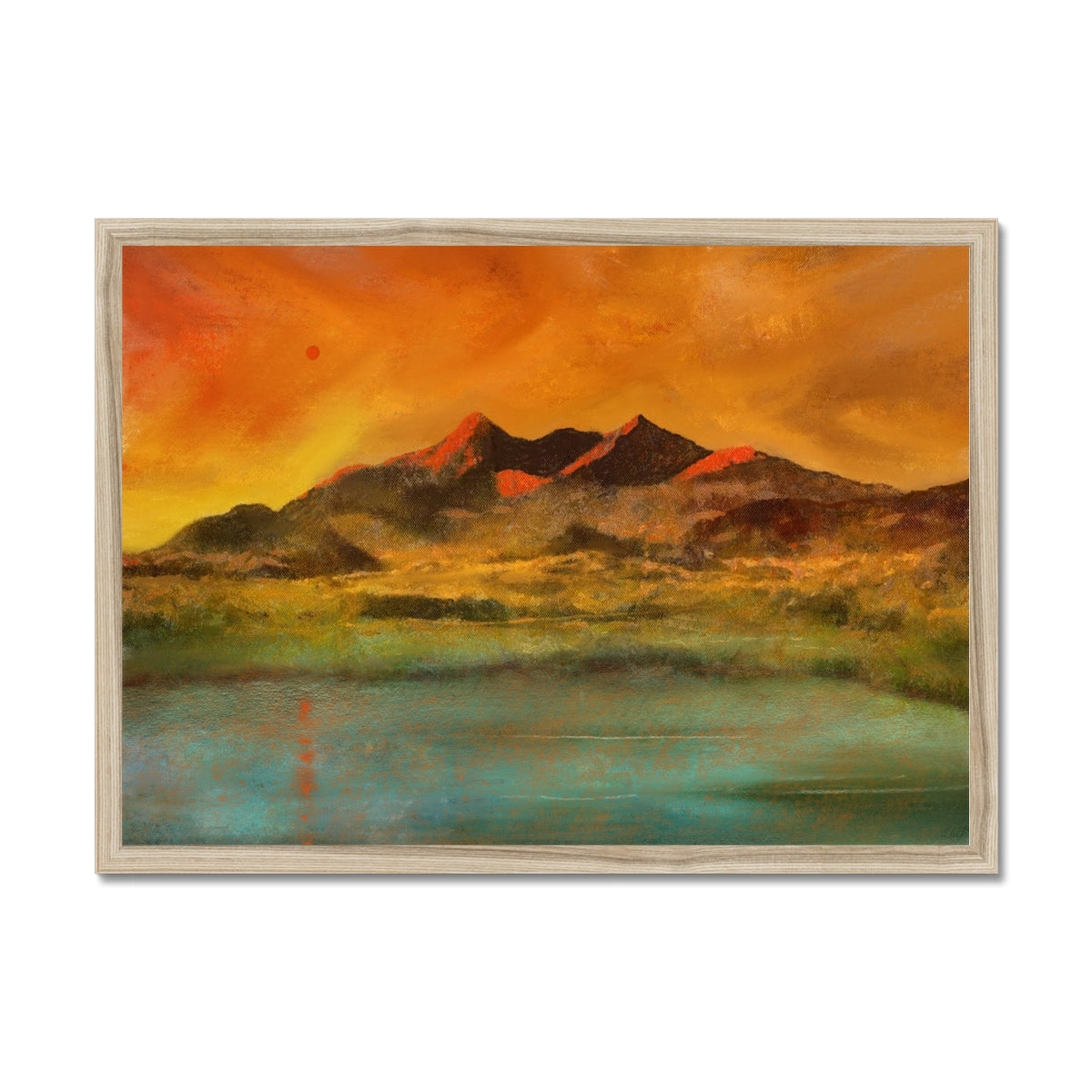 Skye Red Moon Cuillin Painting | Framed Prints From Scotland-Framed Prints-Skye Art Gallery-A2 Landscape-Natural Frame-Paintings, Prints, Homeware, Art Gifts From Scotland By Scottish Artist Kevin Hunter