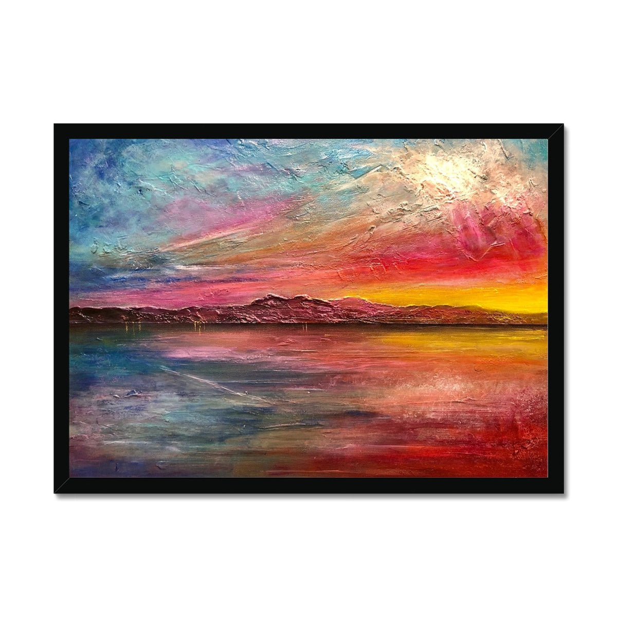 Arran Sunset ii Painting | Framed Prints From Scotland-Framed Prints-Arran Art Gallery-A2 Landscape-Black Frame-Paintings, Prints, Homeware, Art Gifts From Scotland By Scottish Artist Kevin Hunter