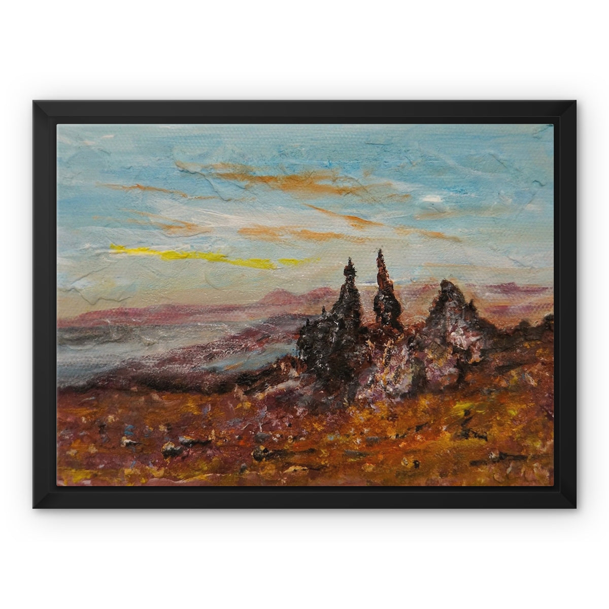 The Storr Skye Painting | Framed Canvas From Scotland-Floating Framed Canvas Prints-Skye Art Gallery-16"x12"-Black Frame-Paintings, Prints, Homeware, Art Gifts From Scotland By Scottish Artist Kevin Hunter