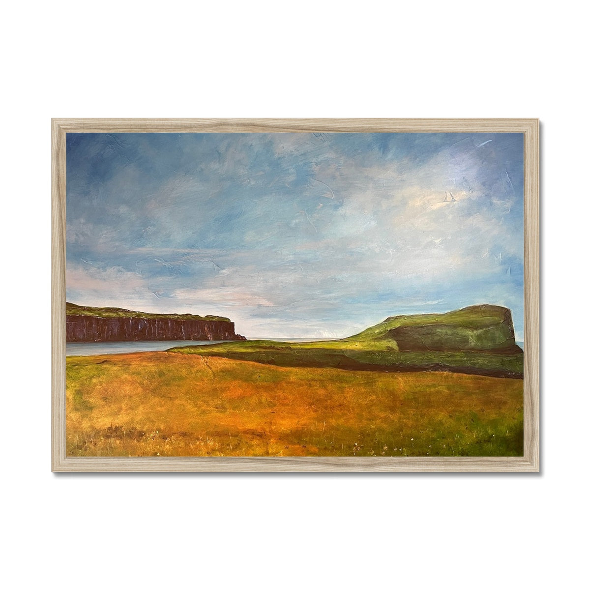 Approaching Oronsay Skye Painting | Framed Prints From Scotland-Framed Prints-Skye Art Gallery-A2 Landscape-Natural Frame-Paintings, Prints, Homeware, Art Gifts From Scotland By Scottish Artist Kevin Hunter