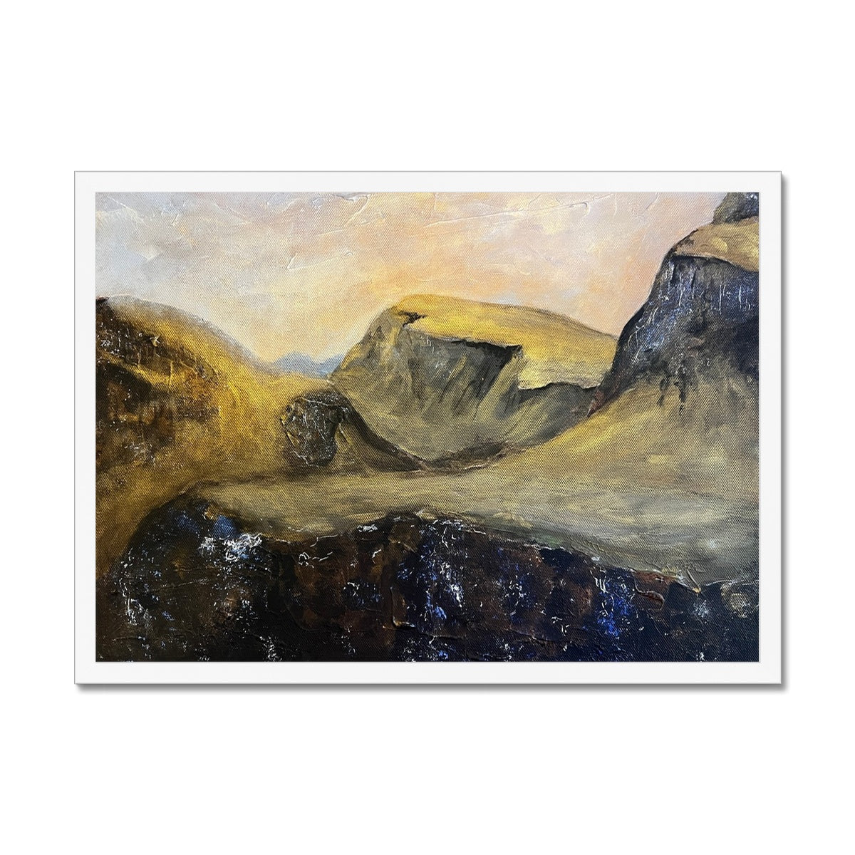The Quiraing Skye Painting | Framed Prints From Scotland-Framed Prints-Skye Art Gallery-A2 Landscape-White Frame-Paintings, Prints, Homeware, Art Gifts From Scotland By Scottish Artist Kevin Hunter