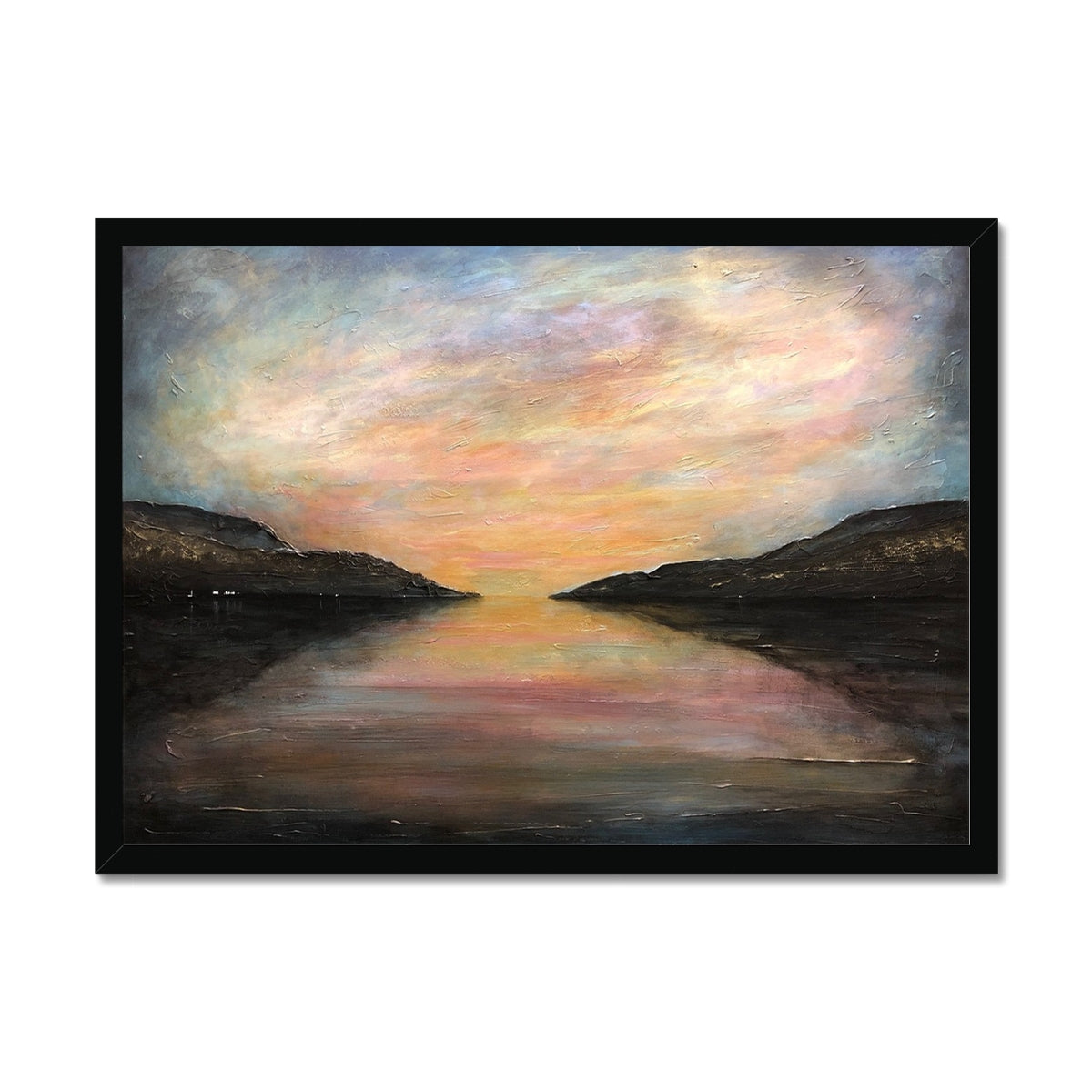 Loch Ness Glow Painting | Framed Prints From Scotland-Framed Prints-Scottish Lochs & Mountains Art Gallery-A2 Landscape-Black Frame-Paintings, Prints, Homeware, Art Gifts From Scotland By Scottish Artist Kevin Hunter