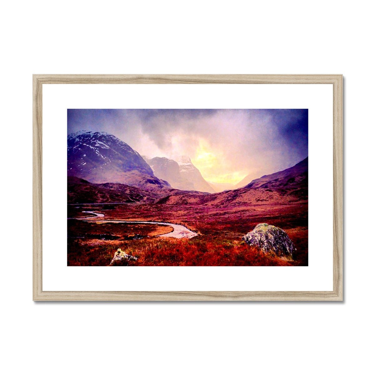 A Brooding Glencoe Painting | Framed & Mounted Prints From Scotland-Framed & Mounted Prints-Glencoe Art Gallery-A2 Landscape-Natural Frame-Paintings, Prints, Homeware, Art Gifts From Scotland By Scottish Artist Kevin Hunter