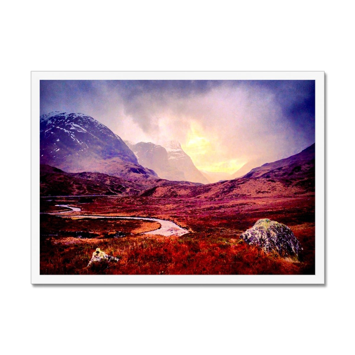 A Brooding Glencoe Painting | Framed Prints From Scotland-Framed Prints-Glencoe Art Gallery-A2 Landscape-White Frame-Paintings, Prints, Homeware, Art Gifts From Scotland By Scottish Artist Kevin Hunter