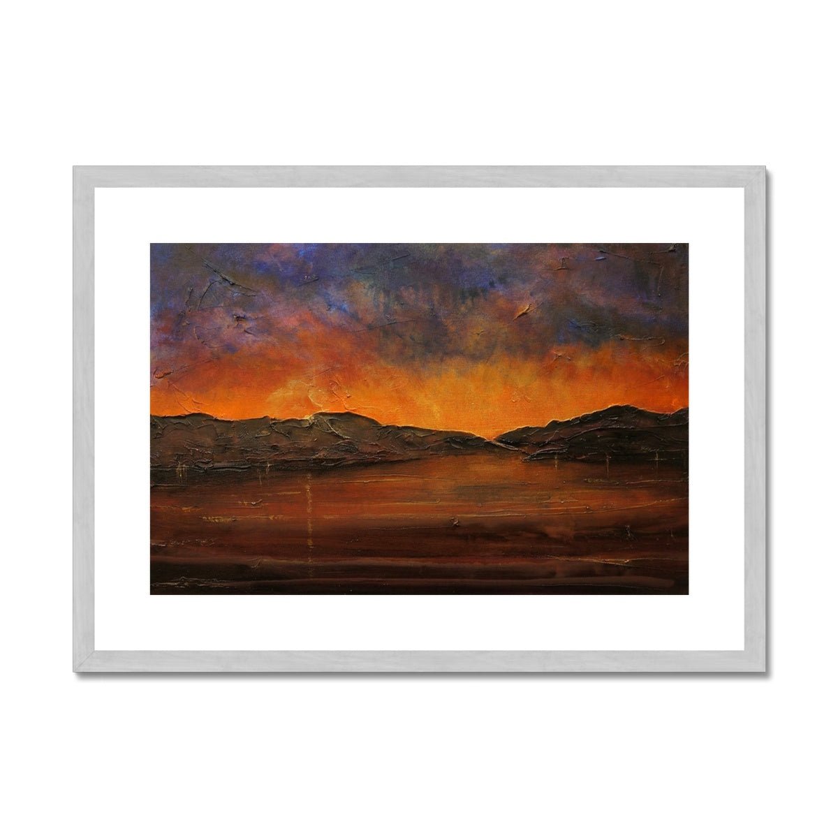 A Brooding River Clyde Dusk Painting | Antique Framed & Mounted Prints From Scotland-Antique Framed & Mounted Prints-River Clyde Art Gallery-A2 Landscape-Silver Frame-Paintings, Prints, Homeware, Art Gifts From Scotland By Scottish Artist Kevin Hunter
