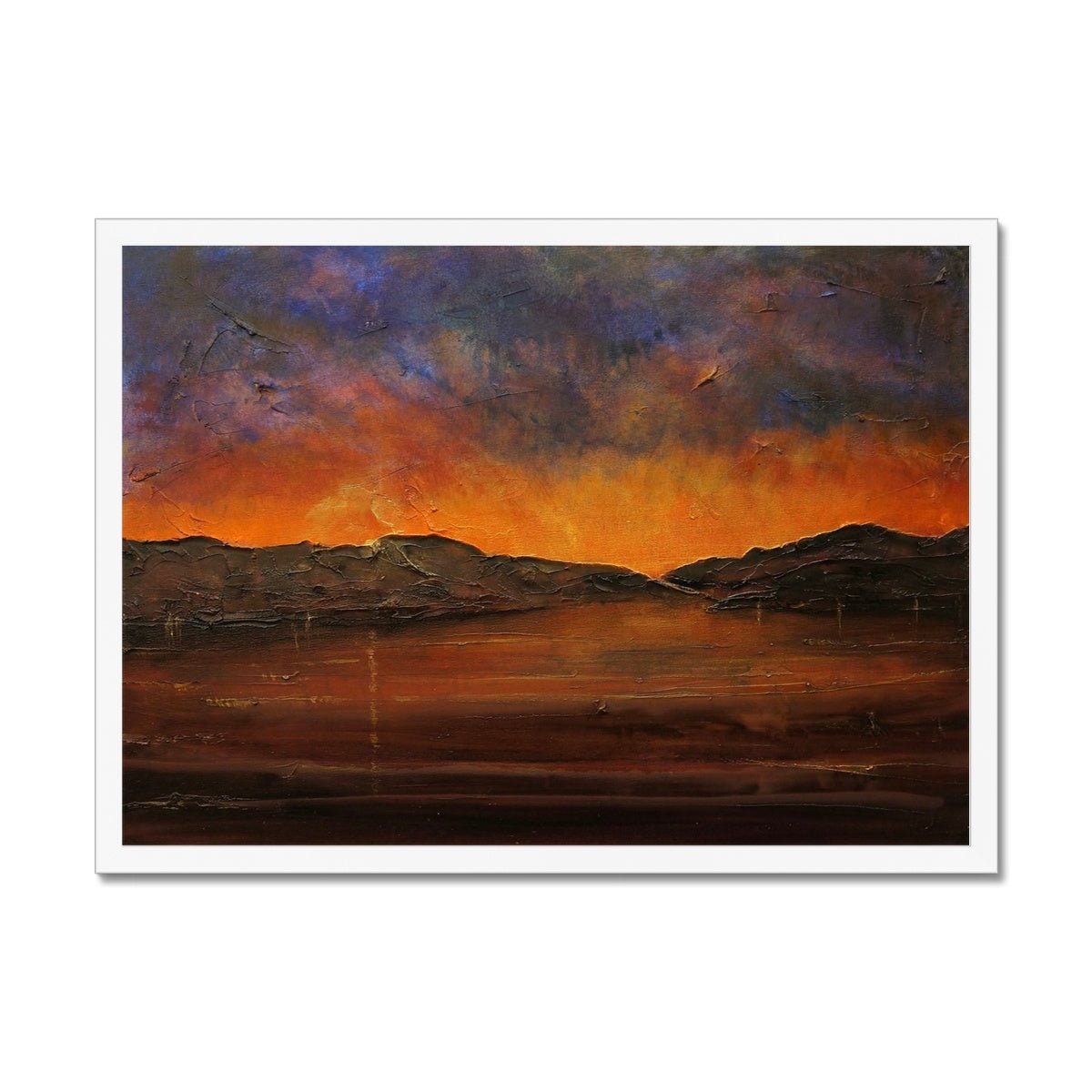 A Brooding River Clyde Dusk Painting | Framed Prints From Scotland-Framed Prints-River Clyde Art Gallery-A2 Landscape-White Frame-Paintings, Prints, Homeware, Art Gifts From Scotland By Scottish Artist Kevin Hunter