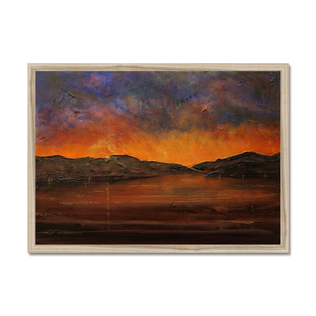 A Brooding River Clyde Dusk Painting | Framed Prints From Scotland-Framed Prints-River Clyde Art Gallery-A2 Landscape-Natural Frame-Paintings, Prints, Homeware, Art Gifts From Scotland By Scottish Artist Kevin Hunter