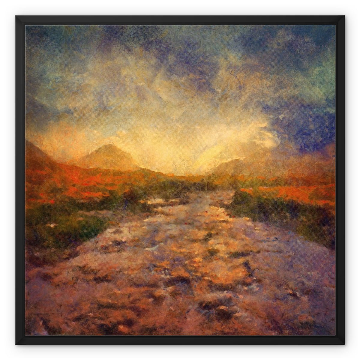 A Brooding Sligachan Skye Painting | Framed Canvas From Scotland-Floating Framed Canvas Prints-Skye Art Gallery-24"x24"-Black Frame-Paintings, Prints, Homeware, Art Gifts From Scotland By Scottish Artist Kevin Hunter