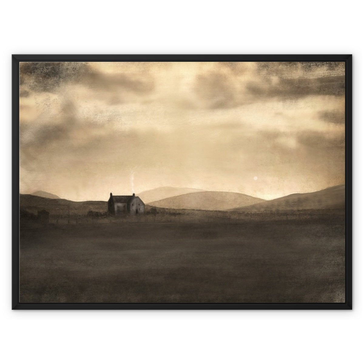 A Moonlit Croft Painting | Framed Canvas From Scotland-Floating Framed Canvas Prints-Hebridean Islands Art Gallery-32"x24"-Black Frame-Paintings, Prints, Homeware, Art Gifts From Scotland By Scottish Artist Kevin Hunter