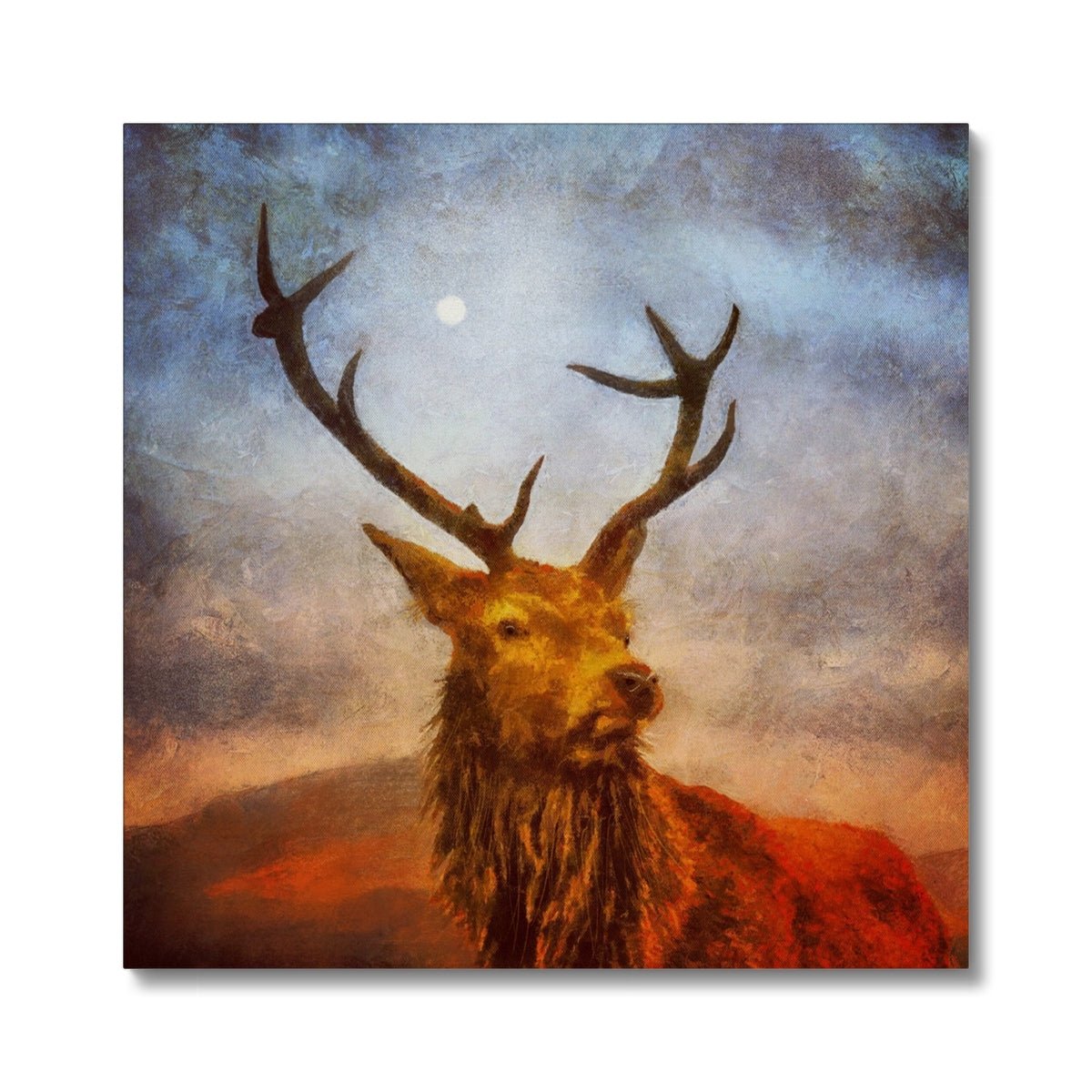 A Moonlit Highland Stag Painting | Canvas From Scotland-Contemporary Stretched Canvas Prints-Scottish Highlands & Lowlands Art Gallery-24"x24"-Paintings, Prints, Homeware, Art Gifts From Scotland By Scottish Artist Kevin Hunter