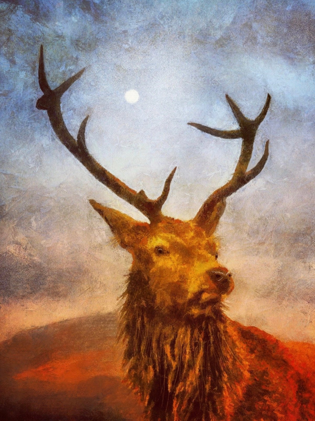 A Moonlit Highland Stag Painting Fine Art Prints | An Artwork from Scotland by Scottish Artist Hunter