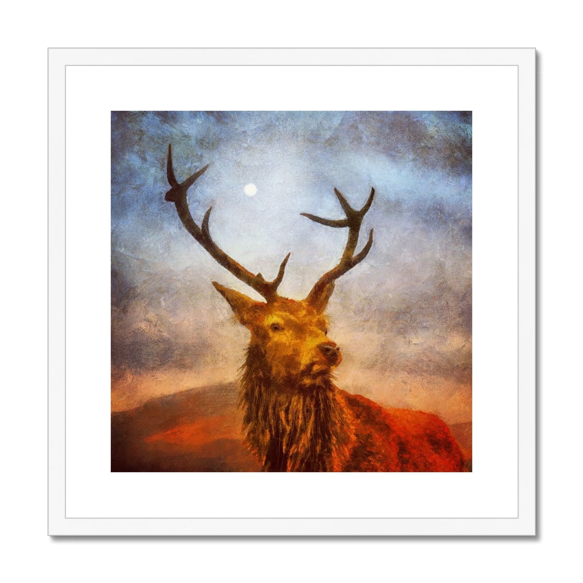 A Moonlit Highland Stag Painting | Framed & Mounted Prints From Scotland-Framed & Mounted Prints-Scottish Highlands & Lowlands Art Gallery-20"x20"-White Frame-Paintings, Prints, Homeware, Art Gifts From Scotland By Scottish Artist Kevin Hunter