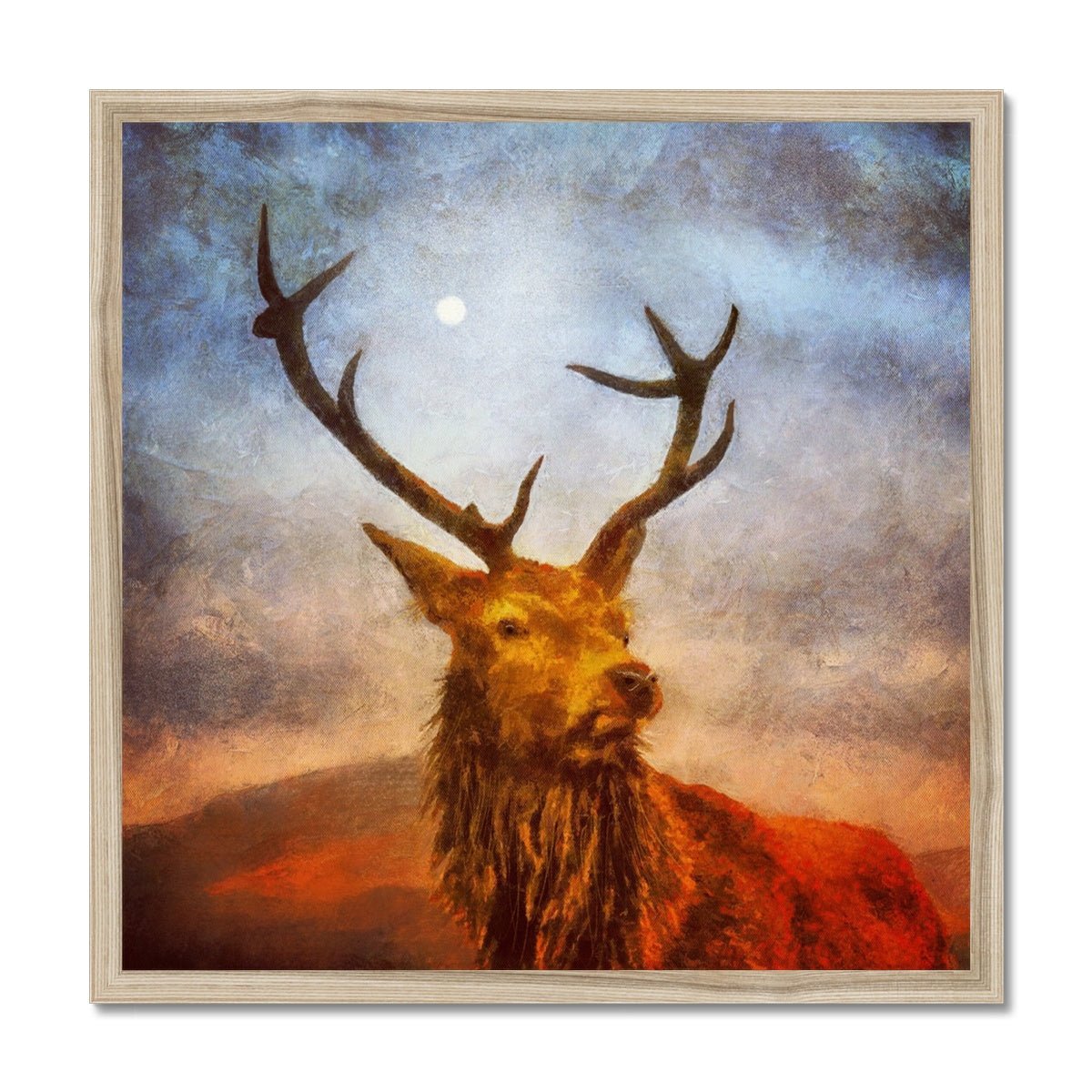 A Moonlit Highland Stag Painting | Framed Prints From Scotland-Framed Prints-Scottish Highlands & Lowlands Art Gallery-20"x20"-Natural Frame-Paintings, Prints, Homeware, Art Gifts From Scotland By Scottish Artist Kevin Hunter