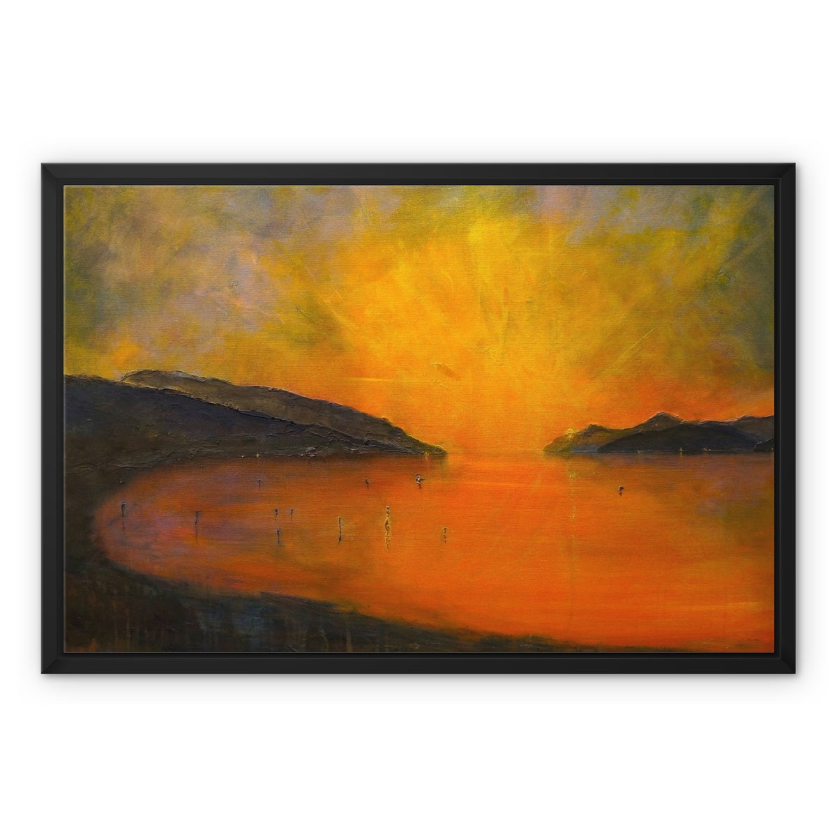 Loch Ness Sunset Painting | Framed Canvas-Floating Framed Canvas Prints-Scottish Lochs & Mountains Art Gallery-24"x18"-Black Frame-Paintings, Prints, Homeware, Art Gifts From Scotland By Scottish Artist Kevin Hunter
